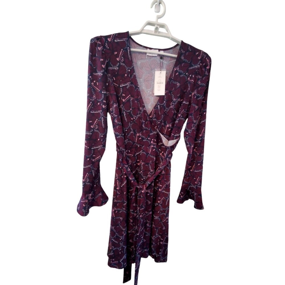 Leota nwt Rosalia Dress womens 1X faux wrap Butterfly wing collage Orchi…